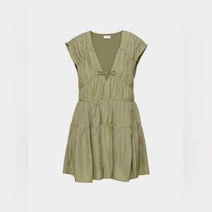 Aritzia Wilfred Hampstead Dress Womens L Green Linen V Neck Tiered Mini Slip
